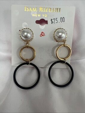 Isaac Mizrahi Gold, Black and Pearl Double Hoop Drop Earrings